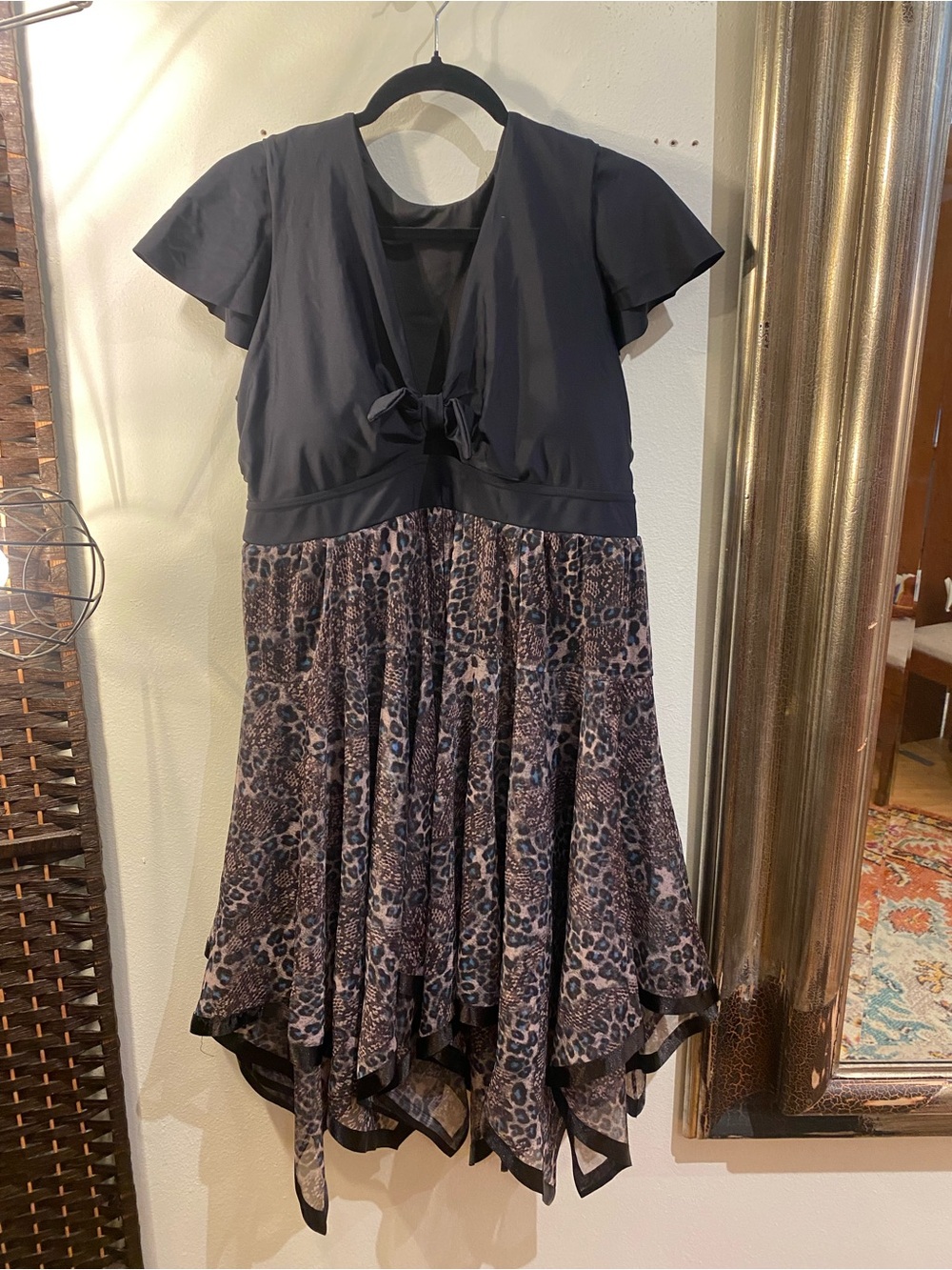 OOAK Upcycled Swim Top & Leopard Print handkerchief hem Skirt Dress with Bow